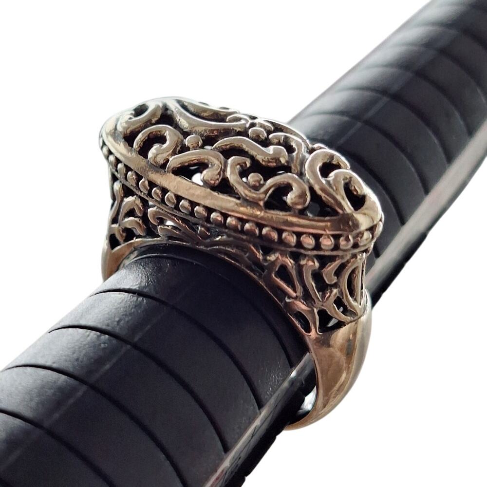 Sterling Silver Open Filigree Sideways Beaded Scroll Ring 7.25 womens vintage